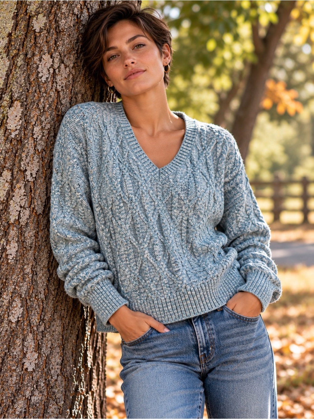 St John’s Bay Heathered Blue Cable Knit Sweater Size L